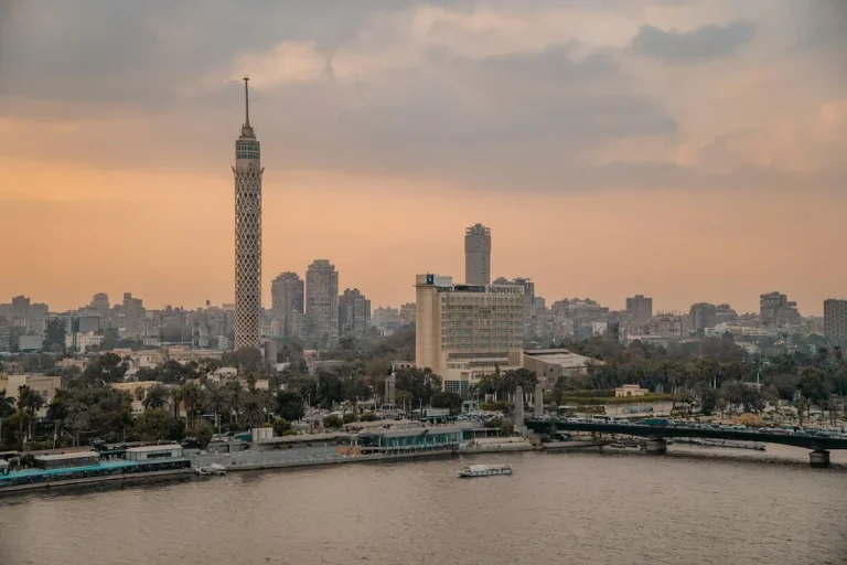 Cairo Tower and the Nile at sunset