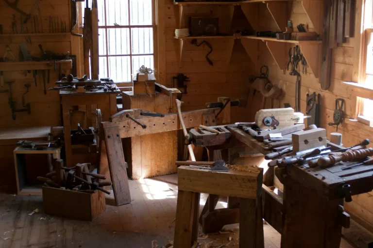 Workshop with workbenches and tools